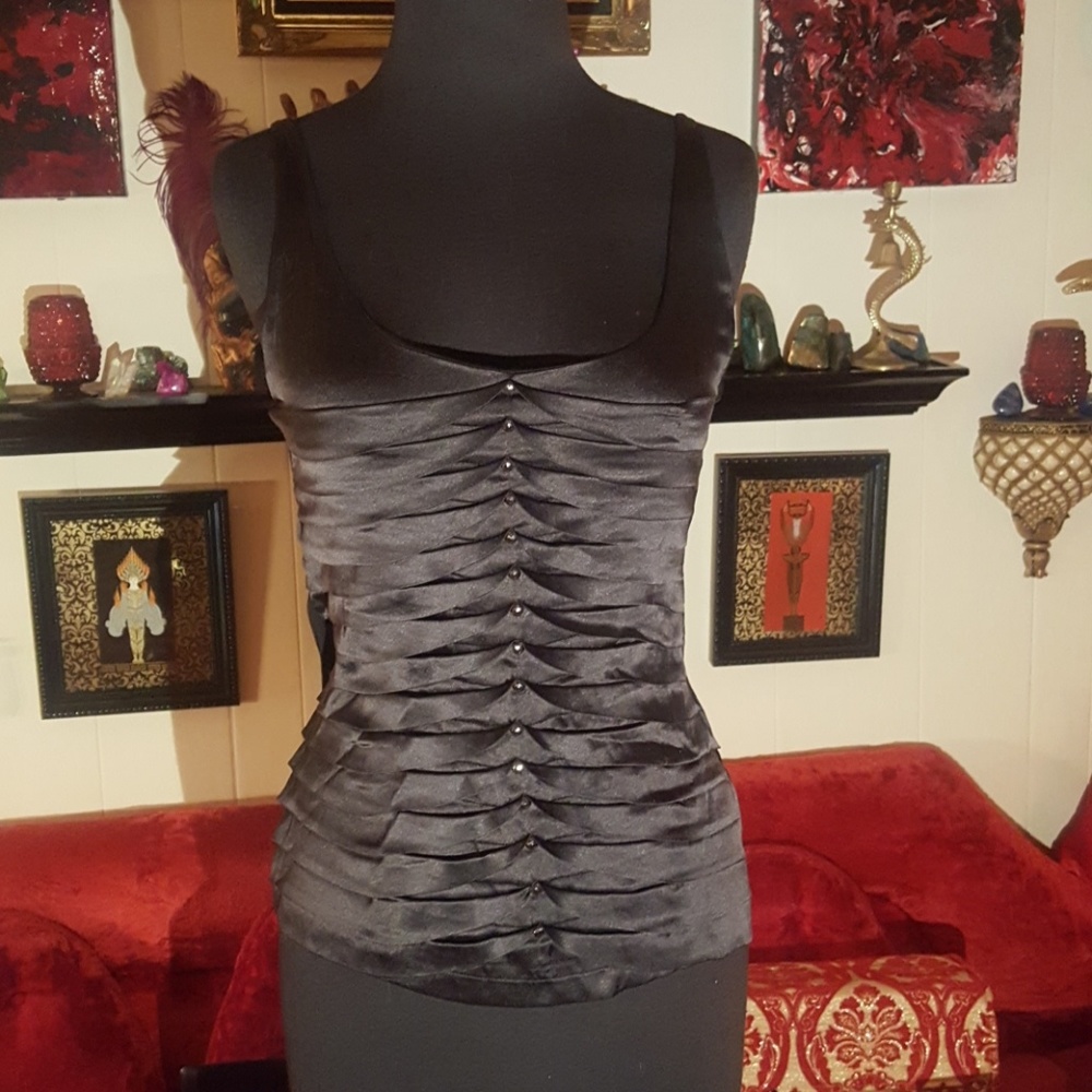Cache Black Satin Silver Beaded Cami sz Small